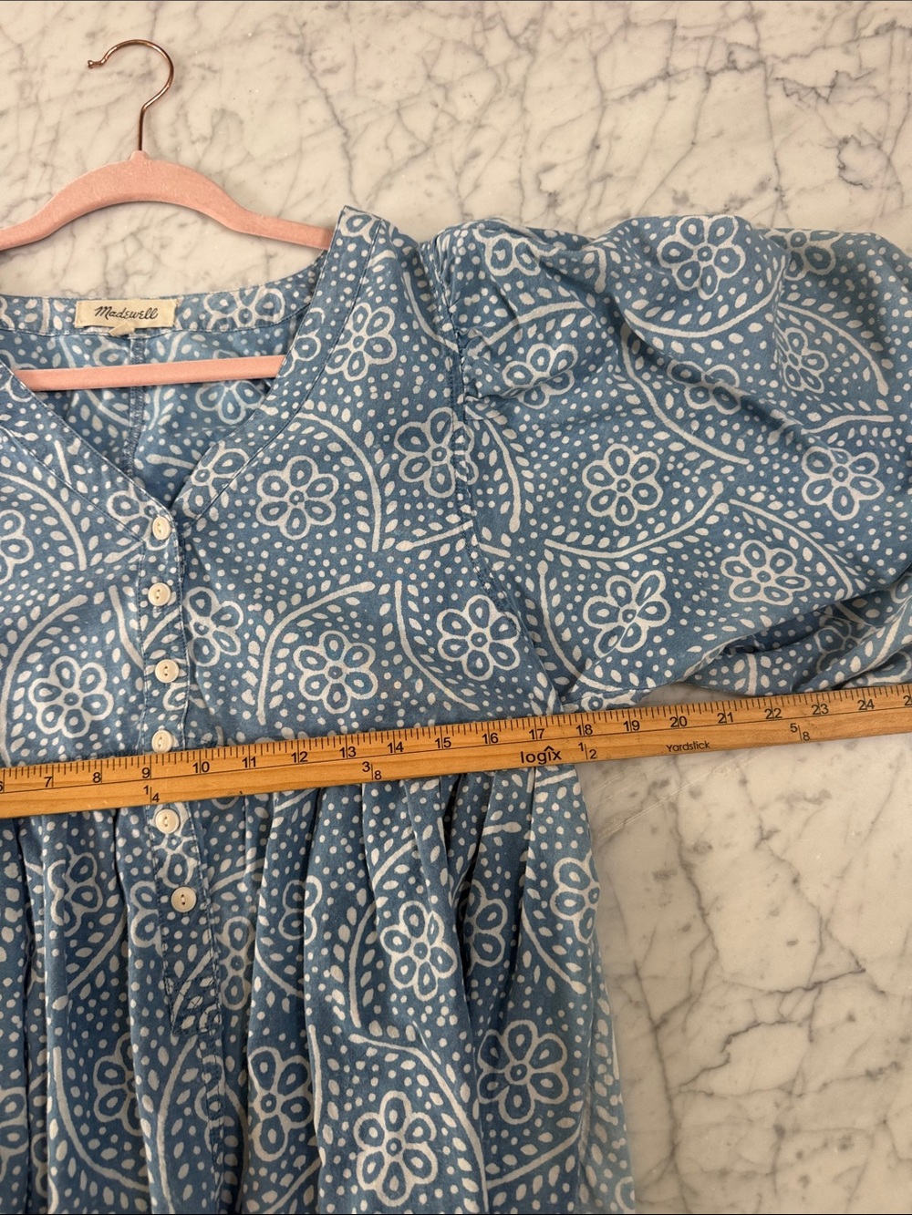 MADEWELL Sz L Bubble-Sleeve Button-Front Mini Dress in Indigo Paisley - Picture 6 of 10